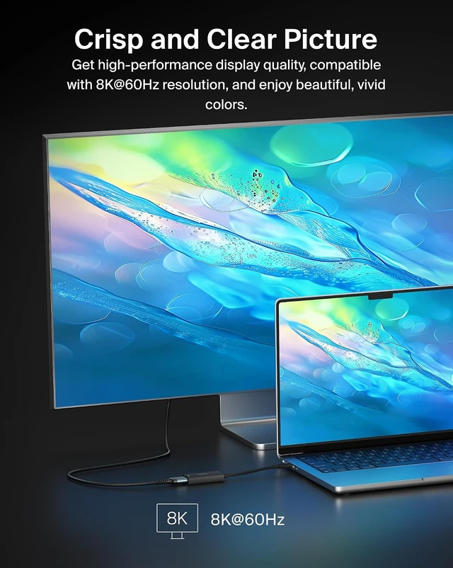Alt view image 2 of 5 - Belkin USB-C to HDMI 2.1 Adapter, Tethered 4.33in Cable w/ 8K @ 60Hz, 4K @ 144Hz, HDR, HBR3, DSC, HDCP 2.2, USB-IF - Works w/Chromebook, Certified for MacBook, iPad Pro, & Other USB-C Devices - Black