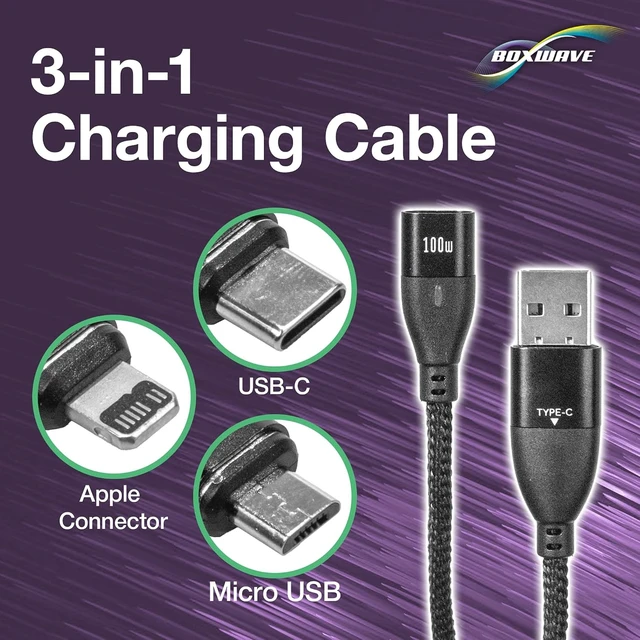 Alt view image 3 of 7 - BoxWave Cable Compatible with Garmin DriveSmart 86 - MagnetoSnap PD AllCharge Cable (100W), Magnet PD 100W Charging Cable USB Type-C Micro USB - Jet Black