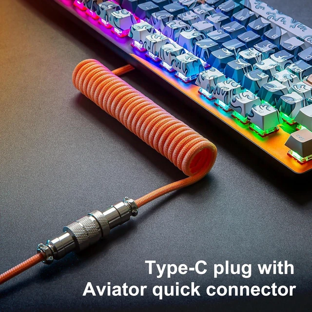 Alt view image 4 of 7 - GUNMJO Pro Custom Premium Coiled USB C Cable for Gaming Keyboard, Double-Sleeved Mechanical Keyboard Cable with Detachable Metal Aviator, 1.5M USB-C to USB-A, Brilliant Orange Color