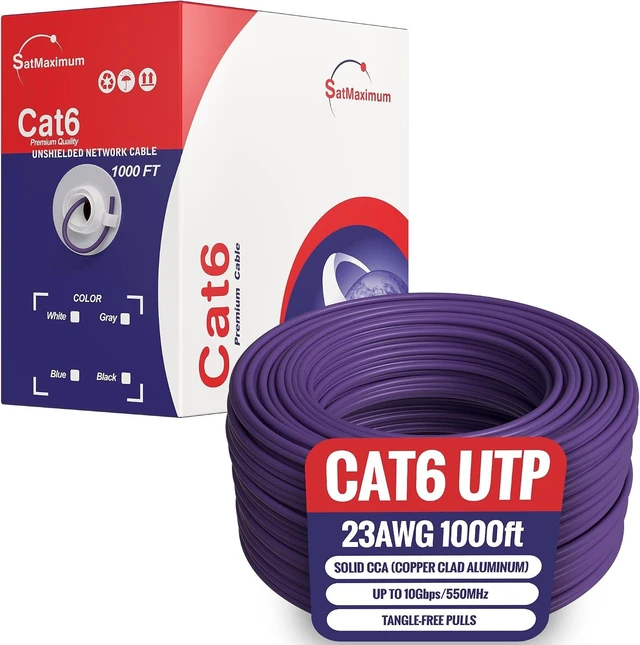 Main image of Cables Direct Online CAT6 Cable 1000ft Pull Box Solid Ethernet LAN UTP Cable 23AWG 550Mhz RJ45 Network CCA Copper Clad Aluminum Wire Bulk (Purple)