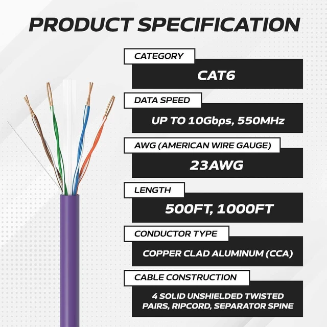 Alt view image 2 of 7 - Cables Direct Online CAT6 Cable 1000ft Pull Box Solid Ethernet LAN UTP Cable 23AWG 550Mhz RJ45 Network CCA Copper Clad Aluminum Wire Bulk (Purple)