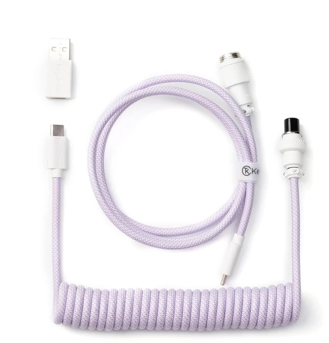 Main image of Keychron Custom Coiled Aviator Cable, Light Purple, 5-Pin (GX12) Detachable Metal Connector, USB-C to USB-C with USB-A Adapter, Durable Braided Cable for Mechanical Keyboards, Charging & Data Transfer