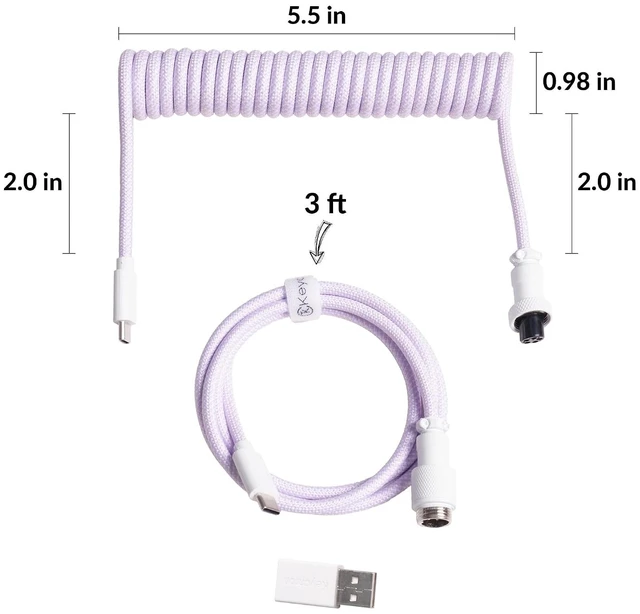 Alt view image 5 of 6 - Keychron Custom Coiled Aviator Cable, Light Purple, 5-Pin (GX12) Detachable Metal Connector, USB-C to USB-C with USB-A Adapter, Durable Braided Cable for Mechanical Keyboards, Charging & Data Transfer