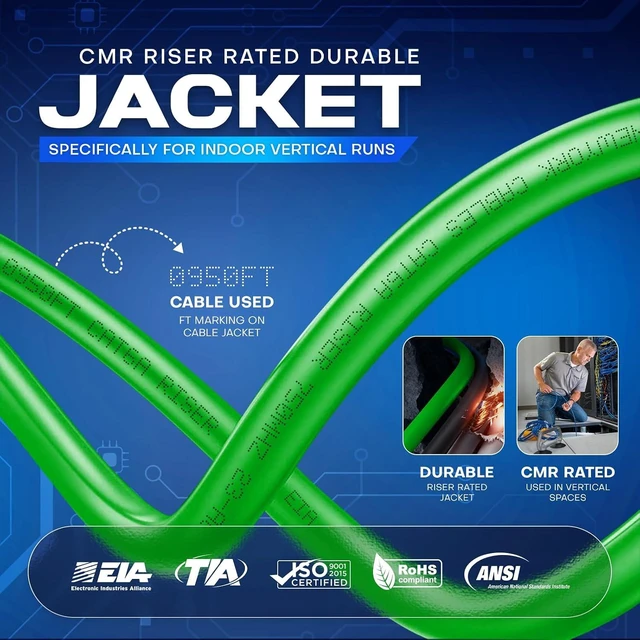 Alt view image 4 of 7 - NewYork Cables Cat6a Riser Cable 1000ft - Certified 100% Solid Bare Copper Cat 6a Ethernet Cable CMR, 23 AWG, 750 MHz, PoE++ - Unshielded Twisted Pair (UTP) -10 GB High Speed for Networking & Gaming