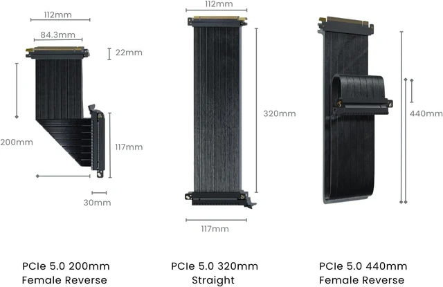 Alt view image 5 of 7 - SSUPD PCIe 5.0 x16 Riser Cable 200/320/440mm 32 GT/s Transmission, 64 GB/s (256 Gbps) Bandwidth GPU RTX 5090/5080 & RX 9070 XT & ITX Case Ready (PCIe 5.0 Straight 320mm)