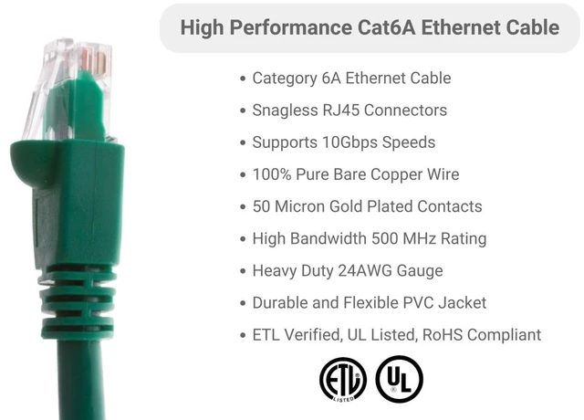 Alt view image 2 of 5 - CablesAndKits - Cat6a Ethernet Cable, Booted, Jacket: PVC (cm), 10 ft, Green, Pure Copper, RJ45 Computer & Networking Patch Cord
