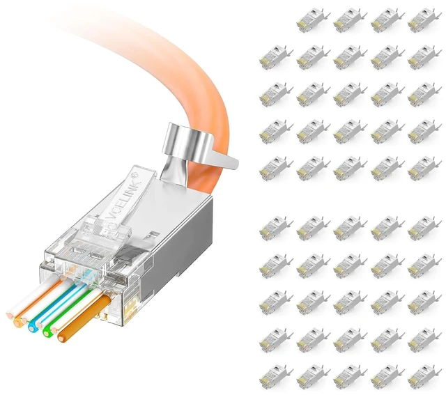 Main image of VCELINK Cat7 Cat6A RJ45 Pass Through Connectors Shielded 50-Pack, 3-Prong Gold Plated Modular Plug Ethernet Ends