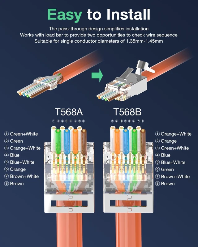 Alt view image 4 of 7 - VCELINK Cat7 Cat6A RJ45 Pass Through Connectors Shielded 50-Pack, 3-Prong Gold Plated Modular Plug Ethernet Ends