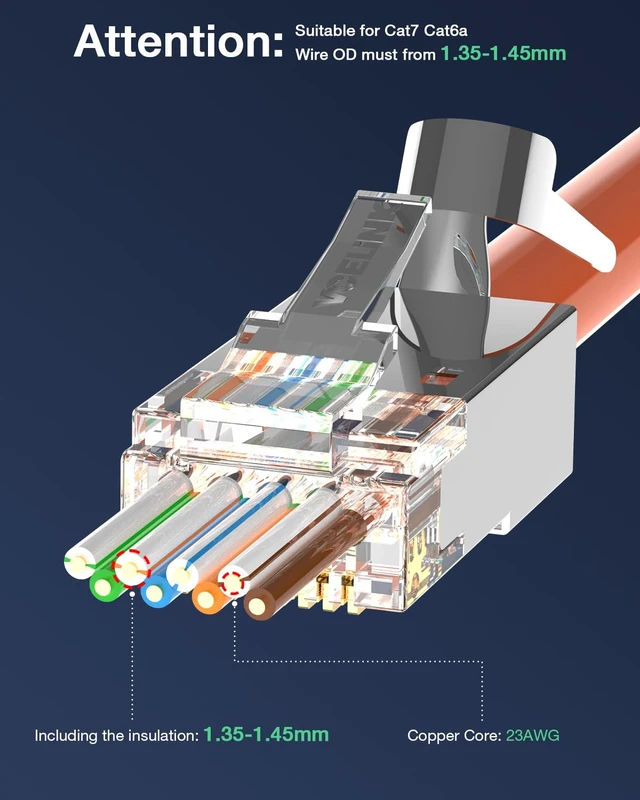 Alt view image 6 of 7 - VCELINK Cat7 Cat6A RJ45 Pass Through Connectors Shielded 50-Pack, 3-Prong Gold Plated Modular Plug Ethernet Ends