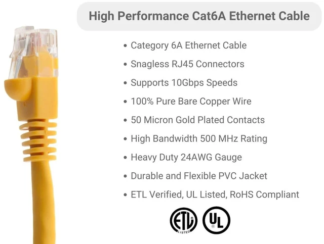 Alt view image 2 of 7 - CablesAndKits - Cat6a Ethernet Cable, Booted, Jacket: PVC (CM), 10 ft, Yellow, Pure Copper, RJ45 Computer & Networking Patch Cord