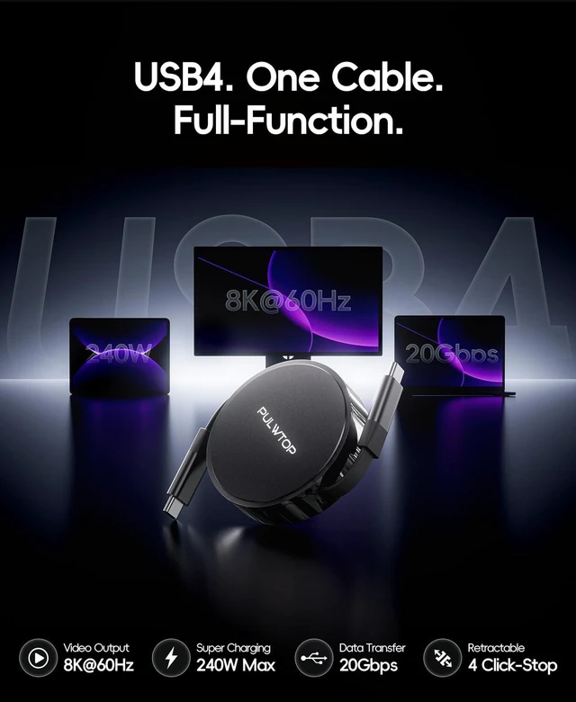 Alt view image 2 of 7 - PULWTOP Retractable USB C to USB C Cable 3.3FT, 240W PD 3.1 Fast Charging, 20Gbps Data Transfer, 8K Video, Full-Featured USB-C Cord for iPhone16/17, MacBook, Laptop, iPad, Monitor and More, Black