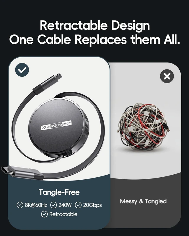 Alt view image 3 of 7 - PULWTOP Retractable USB C to USB C Cable 3.3FT, 240W PD 3.1 Fast Charging, 20Gbps Data Transfer, 8K Video, Full-Featured USB-C Cord for iPhone16/17, MacBook, Laptop, iPad, Monitor and More, Black