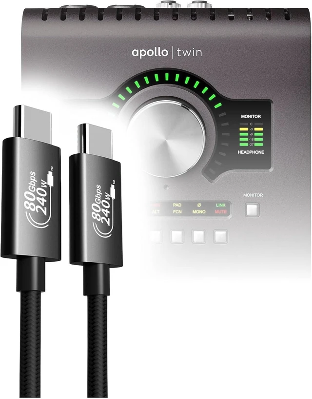 Main image of BoxWave Cables & Adapters Compatible with Universal Audio Apollo Twin - DirectSync PD Thunderbolt 5.0 Cable (10 ft 240W), Long Nylon Braided Connector Fast Charge - Jet Black