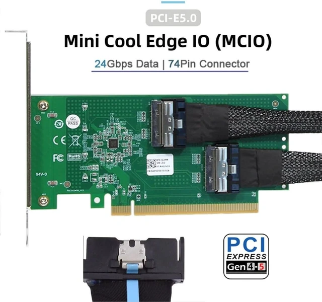 Alt view image 3 of 7 - ChenYang 2 Port PCI-E 16X to PCI-E 5.0 MCIO 8i 74Pin SFF-TA-1016 Adapter Mini Cool Edge IO Female PCI Expansion Card Adapter