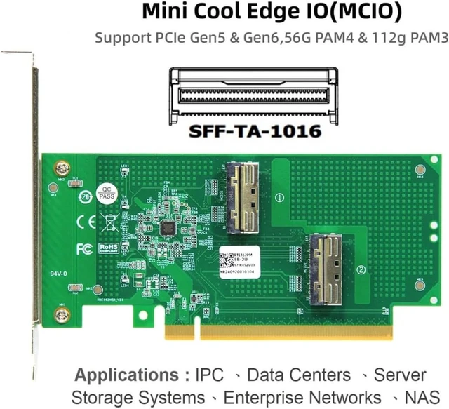 Alt view image 2 of 7 - ChenYang 2 Port PCI-E 16X to PCI-E 5.0 MCIO 8i 74Pin SFF-TA-1016 Adapter Mini Cool Edge IO Female PCI Expansion Card Adapter