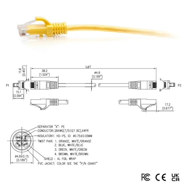 Alt view image 2 of 7 - 1ft (0.3m) Cat6a Snagless Unshielded (UTP) Slim Ethernet Network Patch Cable - Yellow