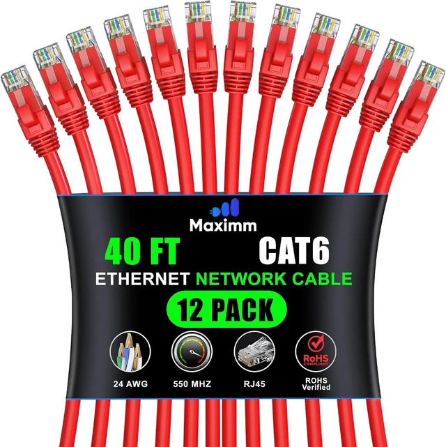 Main image of Maximm Cat 6 Ethernet Cable 40 Ft, (12-Pack) Cat6 Cable, LAN Cable, Internet Cable and Network Cable - UTP (Red)