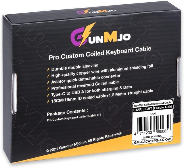 Alt view image 6 of 6 - GUNMJO Starlight Coiled USB C Keyboard Cable for Gaming Keyboard, Double-Sleeved Mechanical Keyboard Cable with Detachable Metal Aviator, 1.5M USB-C to USB-A, Purple Color with Gold Aviator Connector