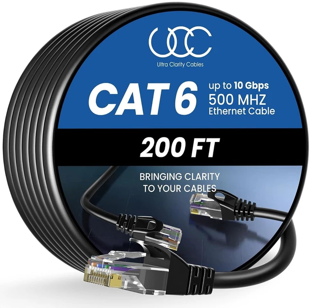 Main image of Ultra Clarity Cables Cat 6 Ethernet Cable 200 ft, Outdoor&Indoor 10Gbps Ethernet Cable, High Speed Cat6 Cable RJ45 LAN Internet Cable for Computer, Router, Modem, PS4/5, Xbox, Gaming - Black