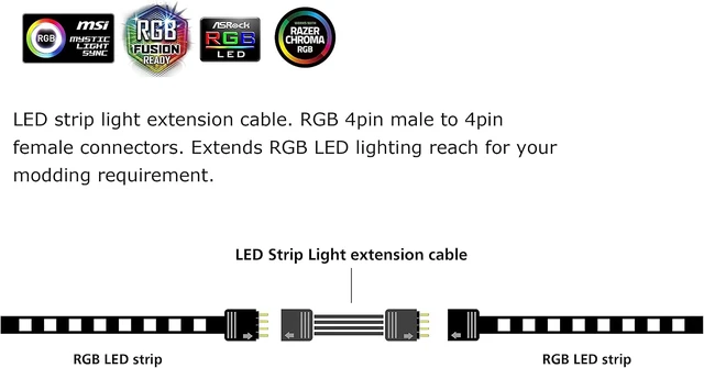 Alt view image 6 of 7 - Akasa AK-CBLD01-50BK 50 cm RGB LED 4-Pin Male to 4-Pin Female Extension Cable
