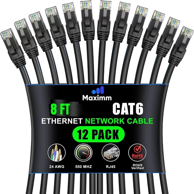 Main image of Maximm Cat 6 Ethernet Cable - 8 ft (12-Pack) - High-Speed LAN, Internet, Patch, Network Cable - UTP, 10Gbps, 550MHz Ethernet Cord - Black