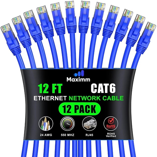 Main image of Maximm Cat 6 Ethernet Cable 12 ft (12-Pack) - High-Speed LAN Cable, Internet Cable, Patch Cable, and Network Cable - UTP, 10Gbps, 550MHz Ethernet Cord - Blue