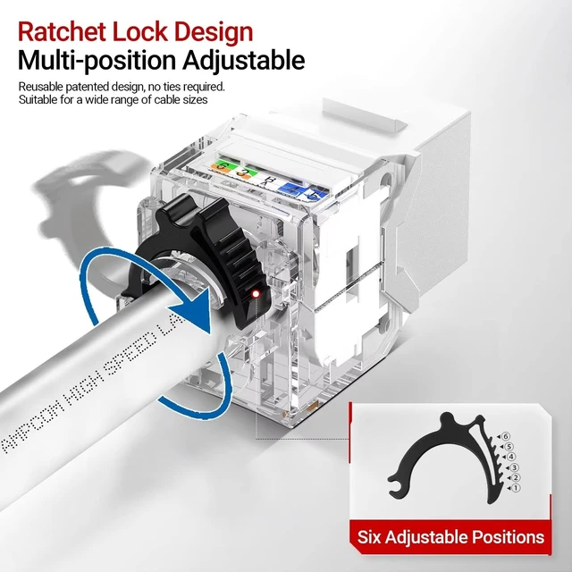 Alt view image 2 of 7 - AMPCOM CAT6A UTP RJ45 Keystone Jack 50u Gold Plating Reusable Ethernet Wall Jack with Adjustable Ratchet Lock (No Tool and Zip Tie Required) - White (12-Pack)