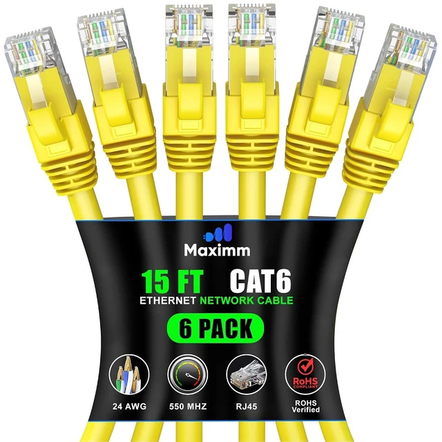 Main image of Maximm Cat 6 Ethernet Cable 15 Ft, (6-Pack) Cat6 Cable, LAN Cable, Internet Cable and Network Cable - UTP (Yellow)