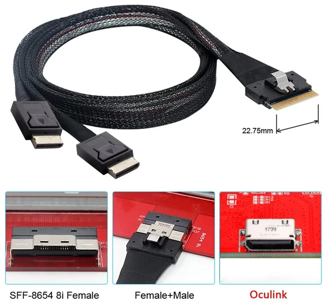 Alt view image 5 of 7 - Cablecc PCI-E Ultraport Slimline SAS Slim 4.0 SFF-8654 8i 74pin to Dual Oculink SFF-8611 Cable 50cm PCI-Express