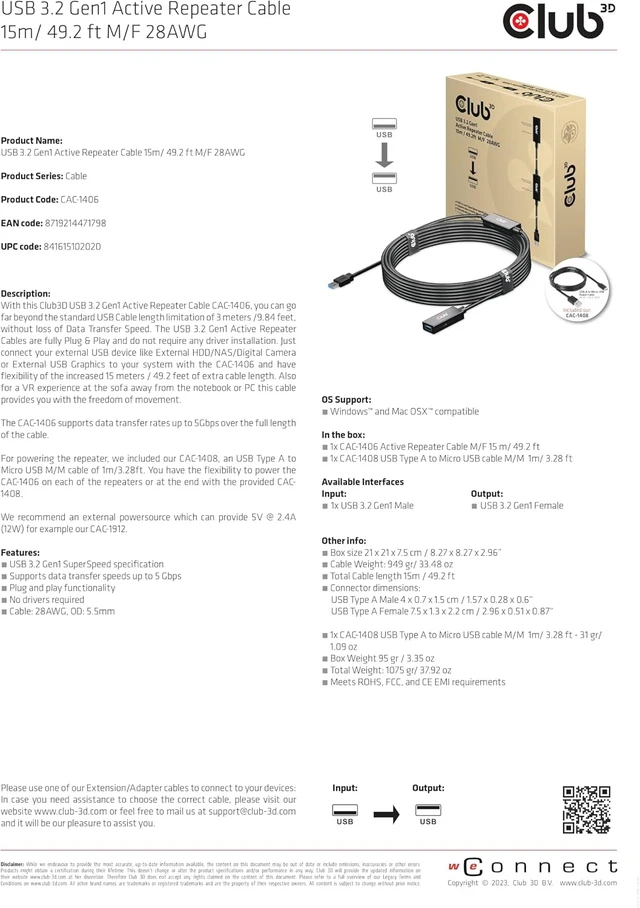 Alt view image 3 of 7 - Club3D USB-A 3.2 Gen1 Active Repeater Cable 15m/49.2ft M/F 28AWG Black