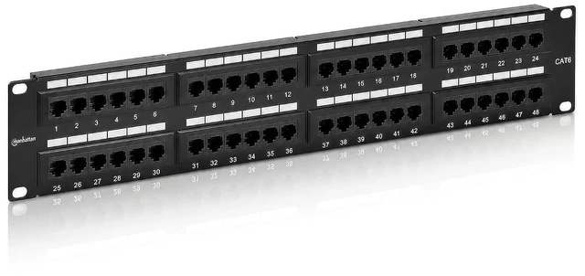 Main image of MANHATTAN 48-Port Network Patch Panel Cat-6 2U UL Listed - Rackmount Wall Mount Cable Management Bar Rack Mount Hardware - Installer Grade 3µ Gold Plated Contacts - Lifetime Mfg Warranty 720816