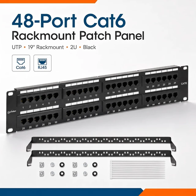 Alt view image 2 of 7 - MANHATTAN 48-Port Network Patch Panel Cat-6 2U UL Listed - Rackmount Wall Mount Cable Management Bar Rack Mount Hardware - Installer Grade 3µ Gold Plated Contacts - Lifetime Mfg Warranty 720816