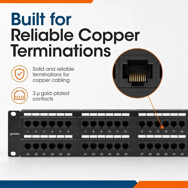 Alt view image 5 of 7 - MANHATTAN 48-Port Network Patch Panel Cat-6 2U UL Listed - Rackmount Wall Mount Cable Management Bar Rack Mount Hardware - Installer Grade 3µ Gold Plated Contacts - Lifetime Mfg Warranty 720816