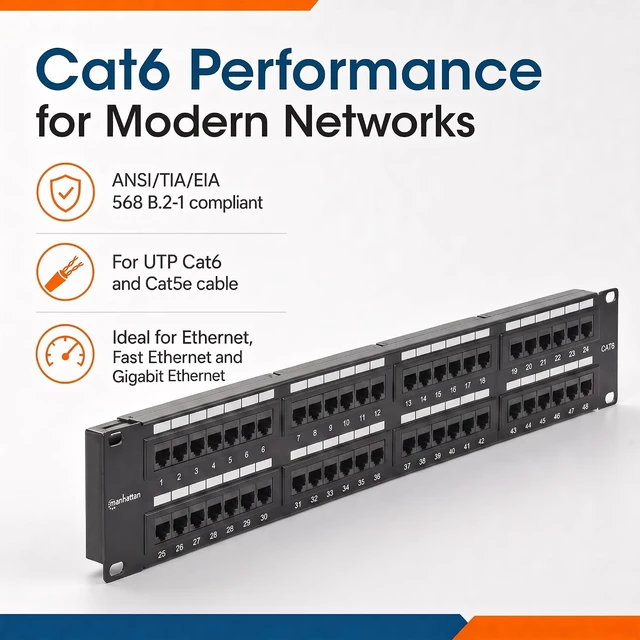 Alt view image 4 of 7 - MANHATTAN 48-Port Network Patch Panel Cat-6 2U UL Listed - Rackmount Wall Mount Cable Management Bar Rack Mount Hardware - Installer Grade 3µ Gold Plated Contacts - Lifetime Mfg Warranty 720816