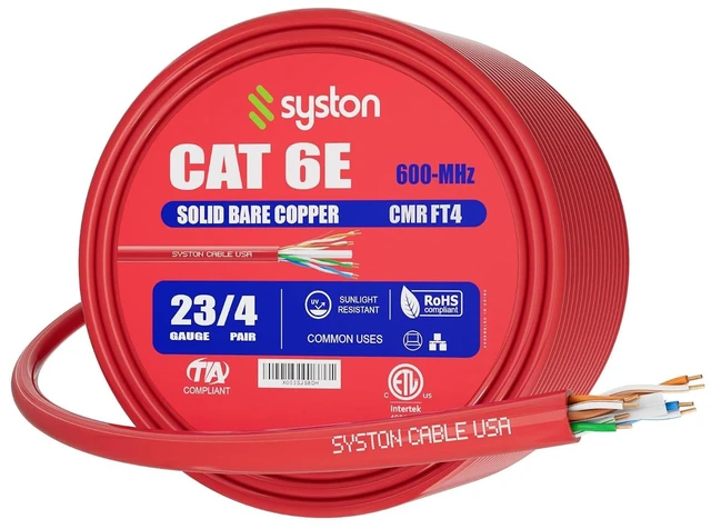 Main image of Syston Cat 6E Ethernet Cable Bulk Red 100 FT, 23 AWG Solid Copper UTP, CMR