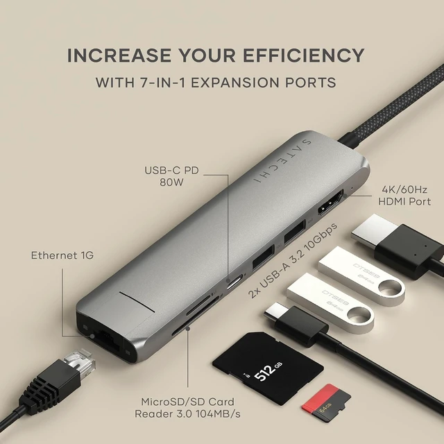 Alt view image 2 of 7 - Satechi 7-in-1 USB-C Hub with Ethernet, 4K/60Hz HDMI, Space Gray