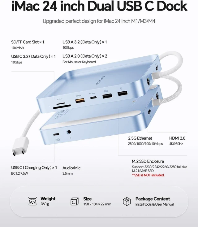 Alt view image 2 of 7 - 11 in 1 USB C Hub for iMac 24 inch 2021 2023 2024 USB Hub Docking Station Support M.2 SSD (NOT Included), PULWTOP iMac M1 M3 M4 Accessories (Blue)