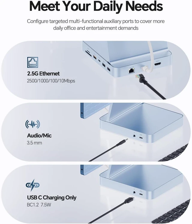 Alt view image 7 of 7 - 11 in 1 USB C Hub for iMac 24 inch 2021 2023 2024 USB Hub Docking Station Support M.2 SSD (NOT Included), PULWTOP iMac M1 M3 M4 Accessories (Blue)