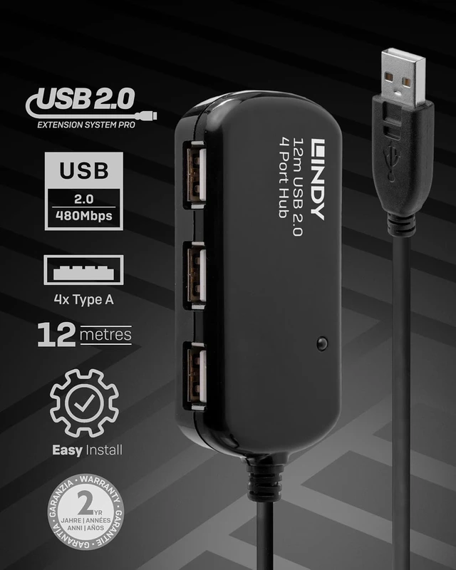 Alt view image 2 of 5 - LINDY 12 Meter USB 2.0 Active Extension Pro 4 Port Hub (42783)