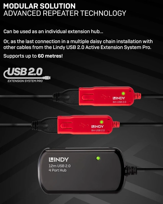 Alt view image 5 of 5 - LINDY 12 Meter USB 2.0 Active Extension Pro 4 Port Hub (42783)