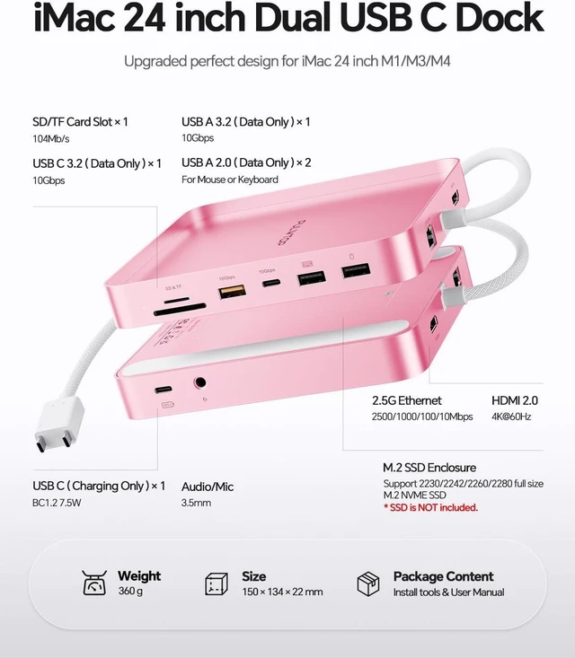Alt view image 2 of 7 - 11-in-1 USB C Hub for iMac 24" M1/M3/M4 with M.2 NVMe 4TB SSD Enclosure