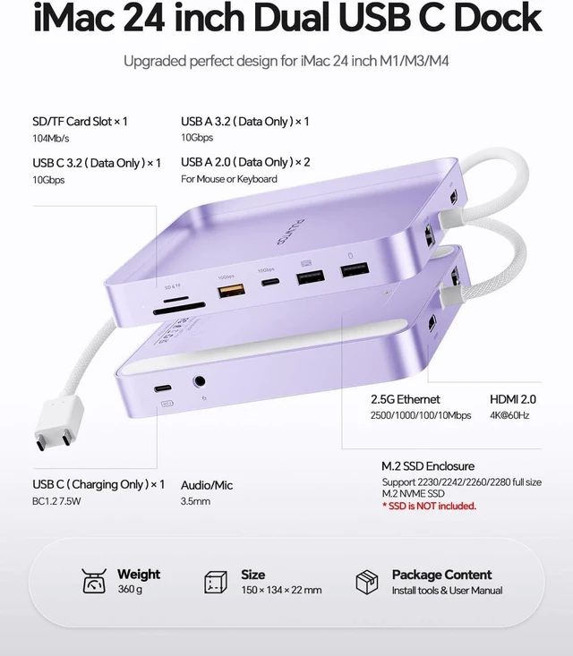 Alt view image 2 of 7 - 11-in-1 USB C Hub for iMac 24" M1/M3/M4 with M.2 NVMe 4TB SSD Enclosure