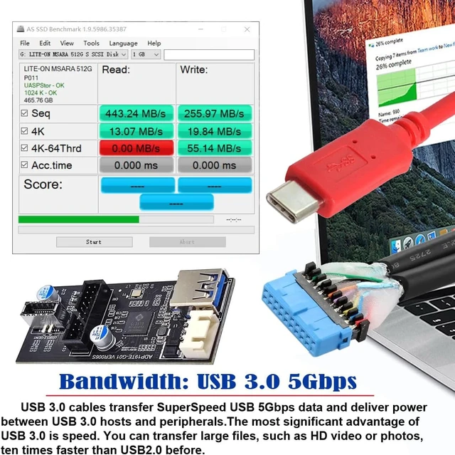 Alt view image 3 of 7 - CY Type-C USB-C & 19/20Pin Header to USB 3.0 20Pin & Type-E Dual Ports Female PCBA Type Adapter Splitter HUB 5Gbps