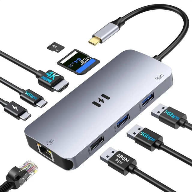 Main image of USB C Adapters for MacBook Pro/Air, Selore 9 in 1 USB C Hub with 4K HDMI, 2 * 10Gbps USB-C 3.1 GEN2 Port, 1Gbps Ethernet, USB 3.1 10Gbps Data Ports, 2*USB 3.0 dongle for Dell, HP and More