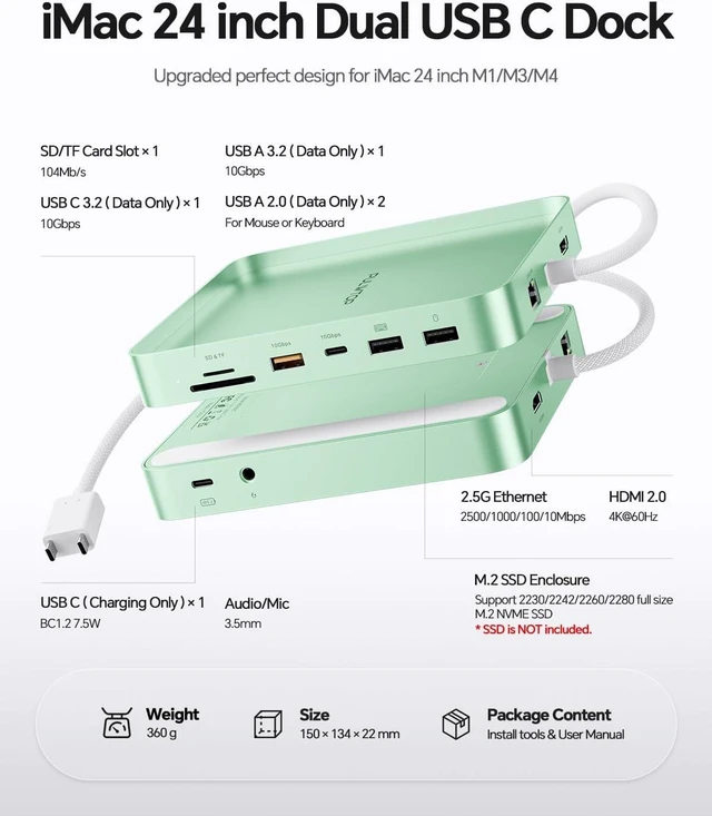 Alt view image 2 of 7 - 11-in-1 USB C Hub for iMac 24" 2021-2024 with M.2 NVMe 4TB SSD Enclosure