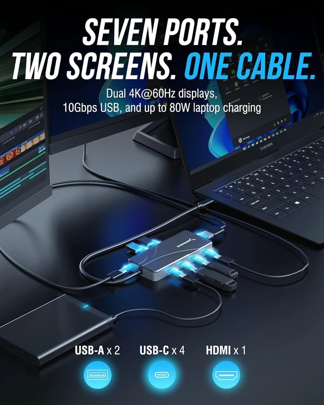 Alt view image 4 of 7 - SABRENT OMNIPORT 7D USB C Hub & Docking Station, Dual Monitor 4K 60Hz HDMI + USB-C Video Out, 4X 10Gbps USB-C Ports, 100W PD Charging, for MacBook, Windows Laptops & Steam Deck (HB-UC7D)