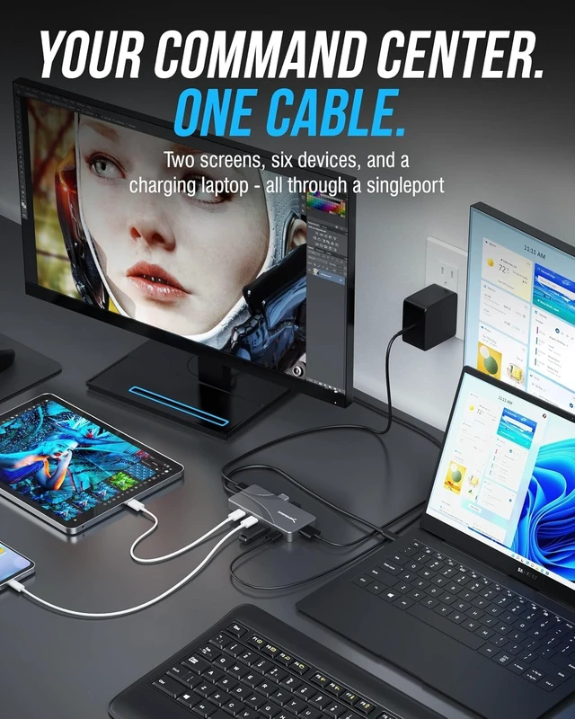 Alt view image 5 of 7 - SABRENT OMNIPORT 7D USB C Hub & Docking Station, Dual Monitor 4K 60Hz HDMI + USB-C Video Out, 4X 10Gbps USB-C Ports, 100W PD Charging, for MacBook, Windows Laptops & Steam Deck (HB-UC7D)