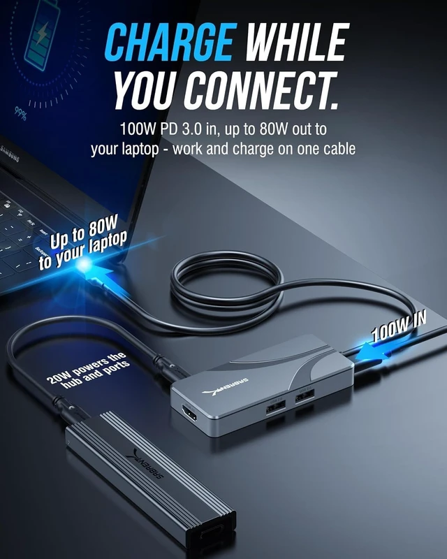 Alt view image 6 of 7 - SABRENT OMNIPORT 7D USB C Hub & Docking Station, Dual Monitor 4K 60Hz HDMI + USB-C Video Out, 4X 10Gbps USB-C Ports, 100W PD Charging, for MacBook, Windows Laptops & Steam Deck (HB-UC7D)