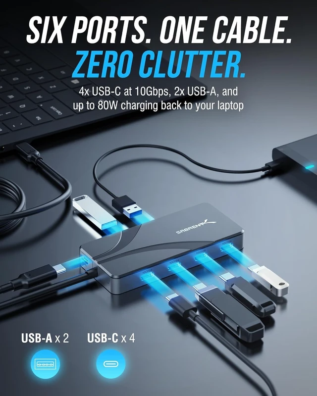 Alt view image 4 of 7 - SABRENT OMNIPORT 6B USB C Hub 6-Port, Splitter with 4X 10Gbps USB-C & 2X USB-A Ports, 100W PD Charging, Multi-Port USB-C to USB-C Data Hub for MacBook, Laptops & Tablets (HB-UC7C)
