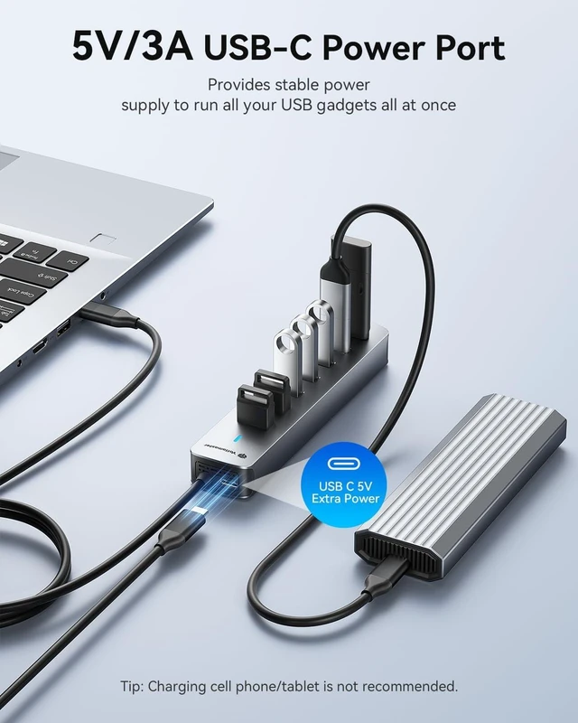 Alt view image 5 of 7 - Yottamaster 1.64Ft 7 Port USB HUB with USB C 5V/3A Power Port for Laptop PC
